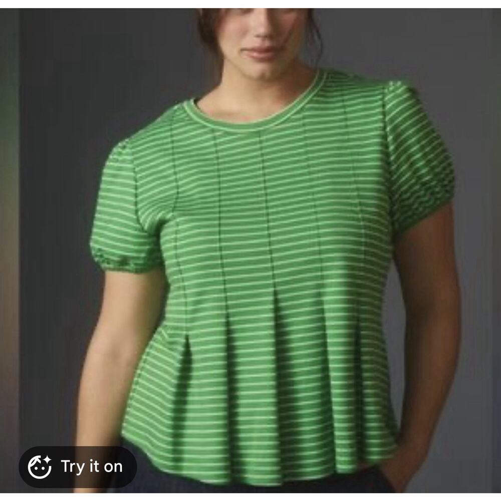 Anthropologie Maeve Green White Stripe Puff Sleeve Peplum Top Women’s Large